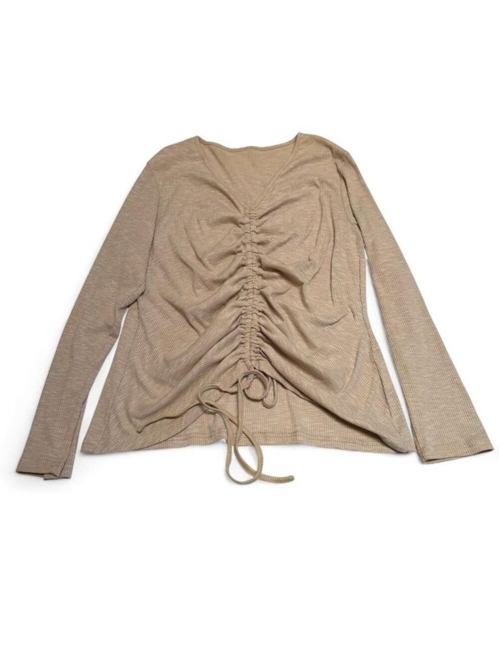 3/$20 Ruched Ribbed Long Sleeve T-Shirt Blouse Women's 2XL Normcore Beige Spring